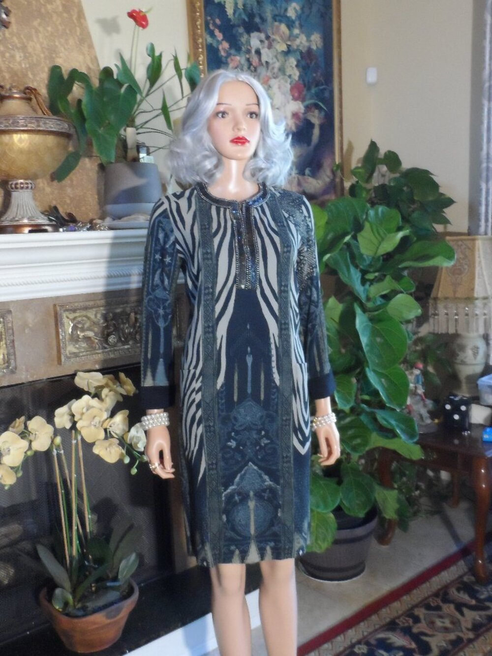 Etro Black Ivory Beaded Zebra Print Sheath Dress Size IT 42-US 6
